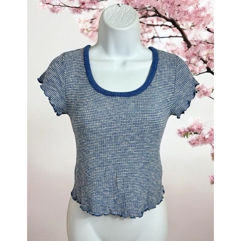 Abercrombie & Fitch Striped Blue Crop Top Sz XS Lettuce Trim Blouse Short Sleeve